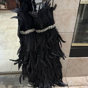 Elegant Black Feather Dress with Rhinestone Detail